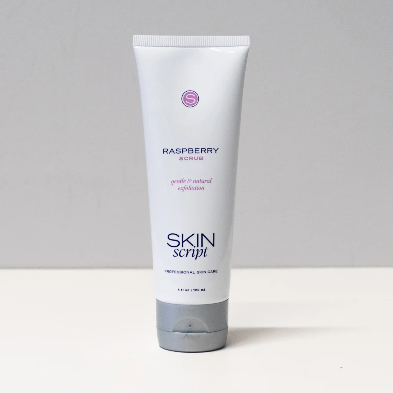 Raspberry Refining Scrub tube by Skin Script with jojoba beads and blue cornmeal